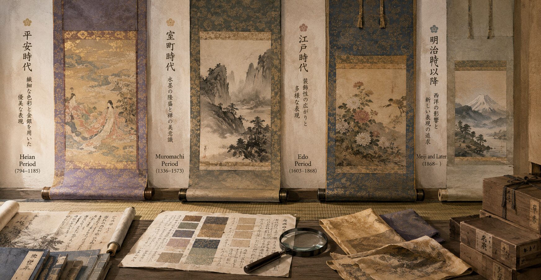 掛軸 横軸 時代物 生涯   n46 掛け軸の時代判別方法：時代ごとの特徴を見極める基準