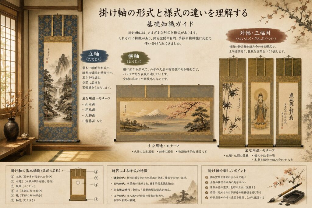 掛け軸の形式と様式の違いとは？知っておきたい基本構造と美的背景を