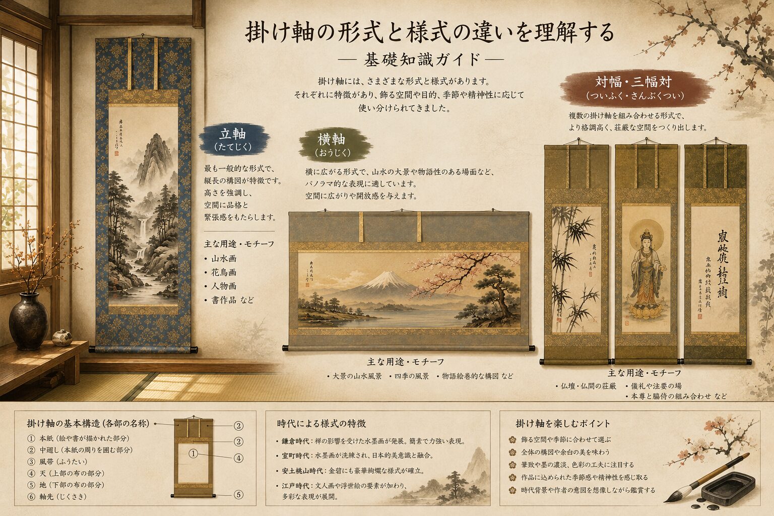 掛け軸の形式と様式の違いとは？知っておきたい基本構造と美的背景を