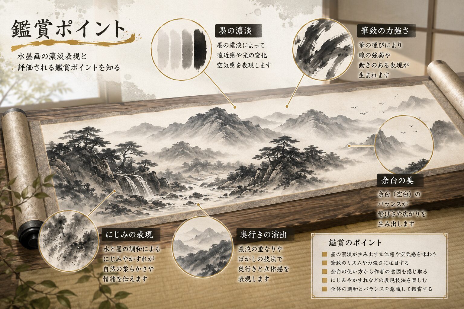 掛け軸に描かれた水墨画の魅力｜評価ポイントと買取相場を解説